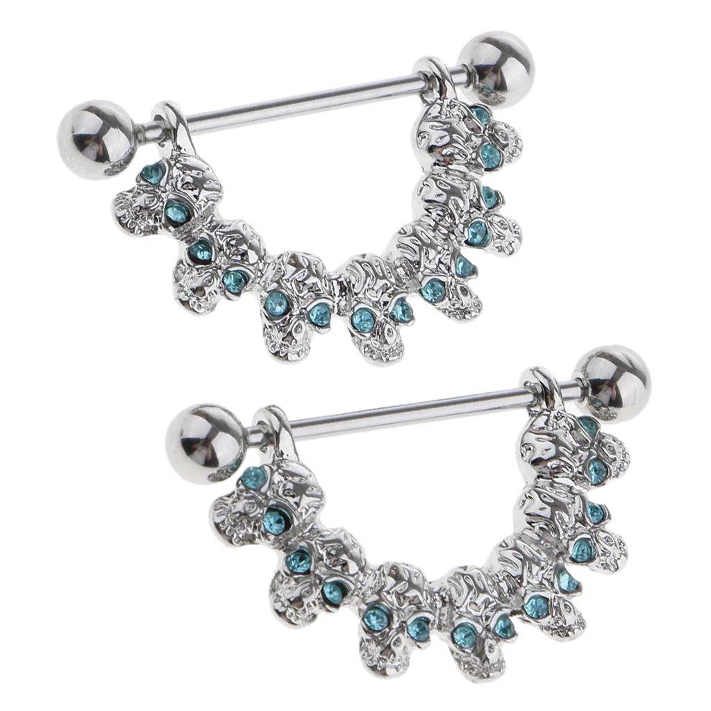 1 Pair Dangle Skull Charm Nipple Ring Rhinestone Eyes Circle Shield Body Jewelry 16 Gauge Sexy Lady