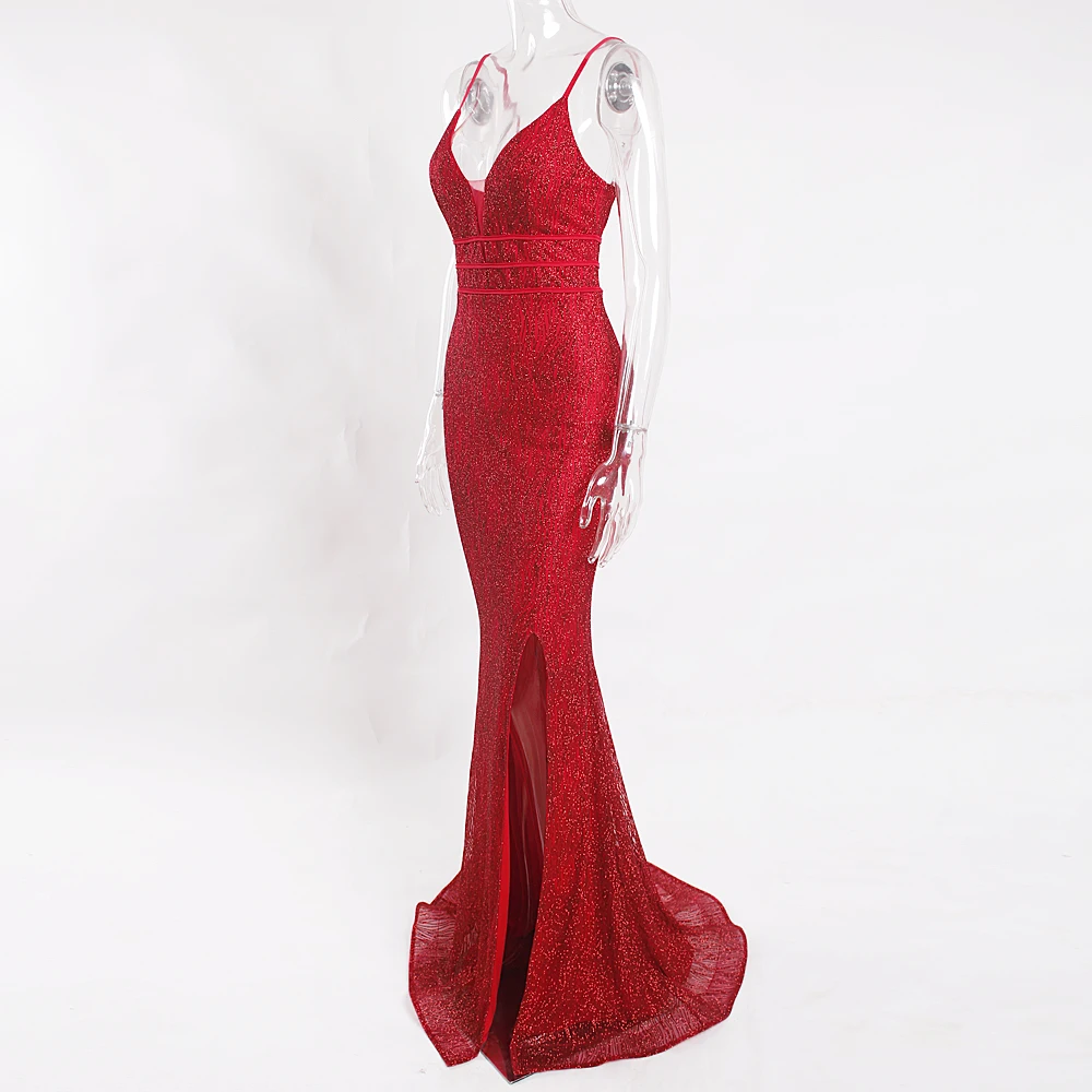 Sexy Red Glittered Maxi Dress V Neck Split Leg Backless Patchwork Mesh Sleeveless Floor Length Evening Party Dress