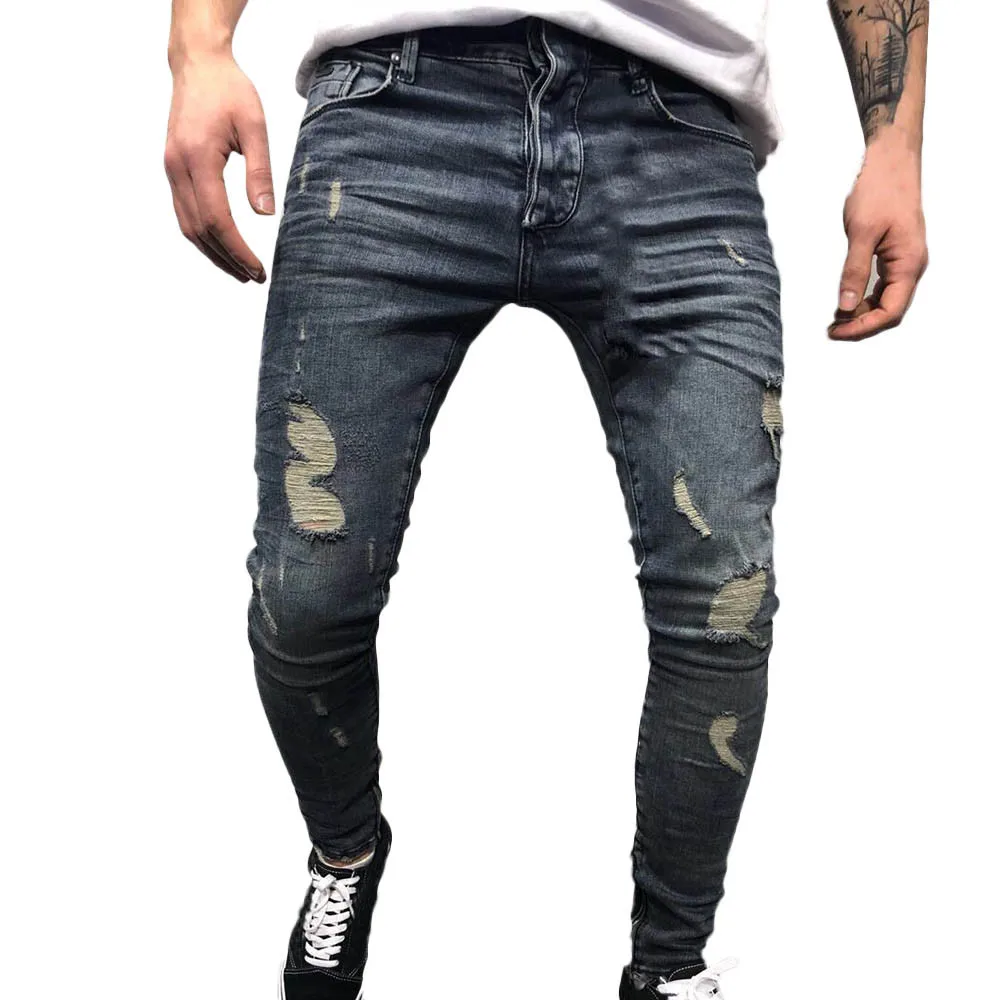 Men's Autumn Denim Cotton Straight Ripped Hole Trousers Distressed Jeans Pants New Fashion Male Straight Casual Jeans