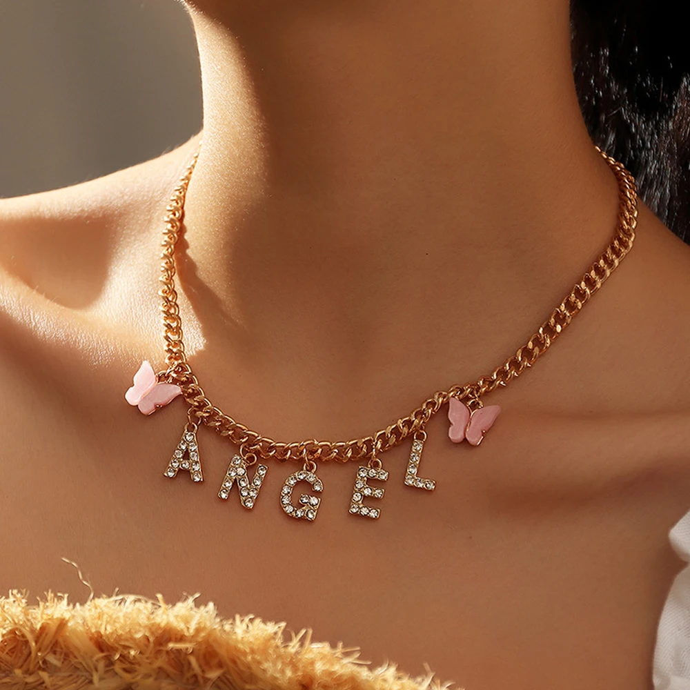 Rhinestone Letter Butterfly Pendant Necklace Baby Honey Angel Adjustable Metal Chain for Women Fashion Elegant Choker | Украшения и
