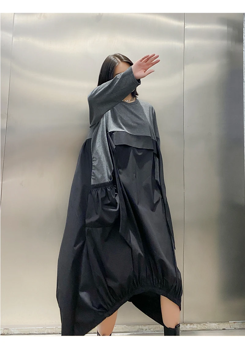 [EAM] Women Gray Contrast Color Big Size Dress New Round Neck Long Sleeve Loose Fit Fashion Tide Spring Autumn 2020 1DA259