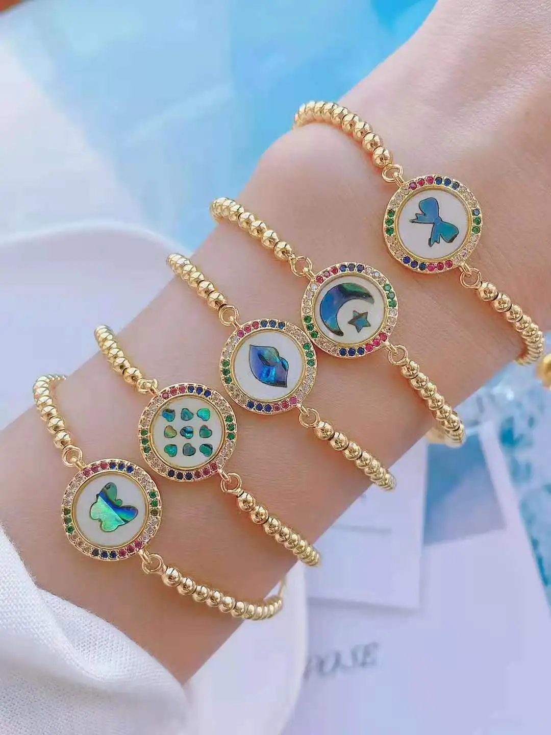 

2pcs, Naturall Shell Colorful CZ Heart Bracelets Copper Luxury Handmade Jewelry Beaded Bracelets