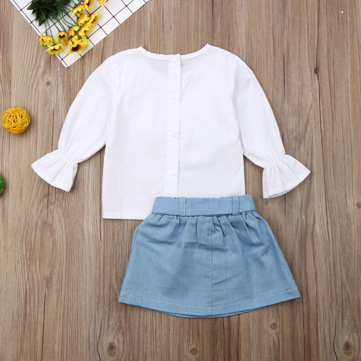 Pudcoco/Новейшая модная одежда для маленьких девочек Однотонные топы с длинными рукавами и оборками, джинсовая мини-юбка комплект одежды из 2 предметов