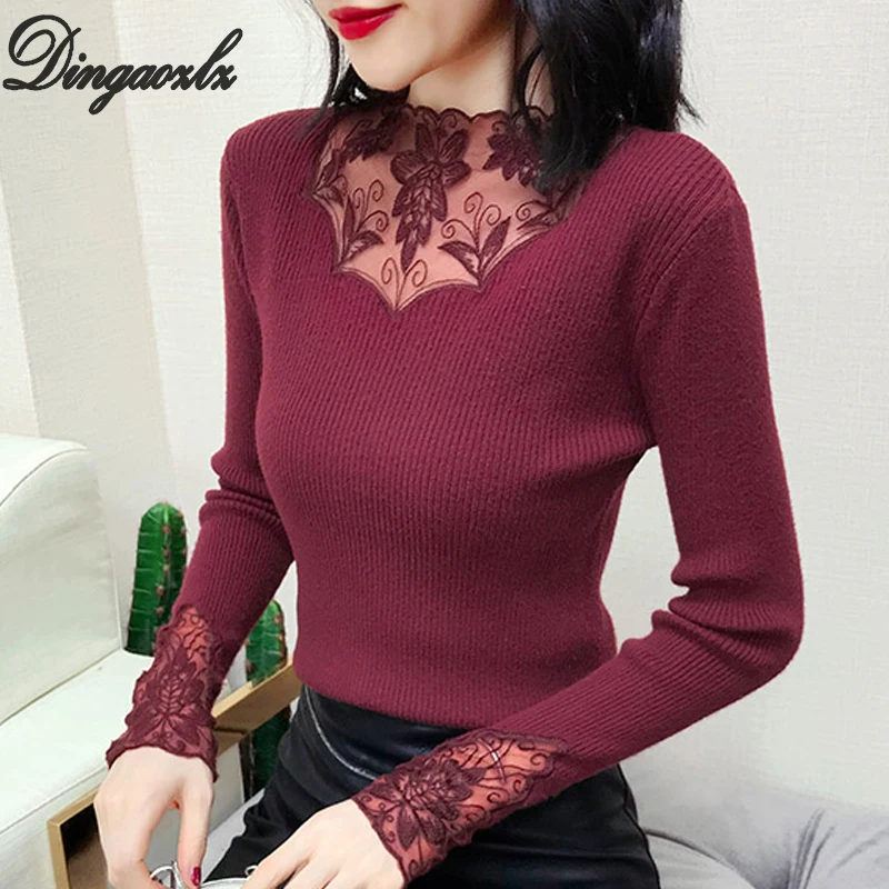 

Dingaozlz Women sweater Autumn Winter Half-high collar Slim lace Knitted Tops Long sleeve embroidery Pullovers shirt