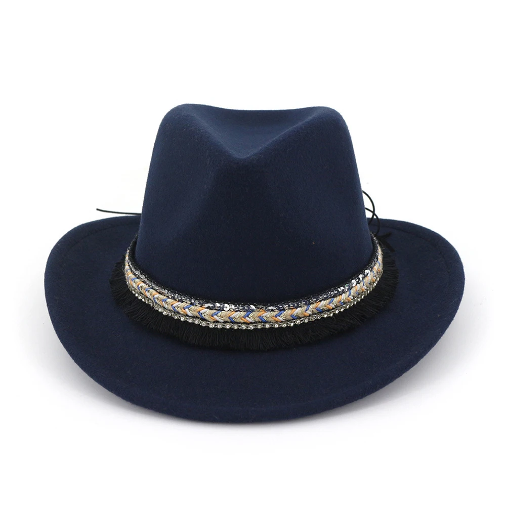 Мужская Женская шерстяная ковбойская шляпа Weatern с бахрома на ленте Sombrero Hombre широкий джазования с полями шляпа размер 56-58 см