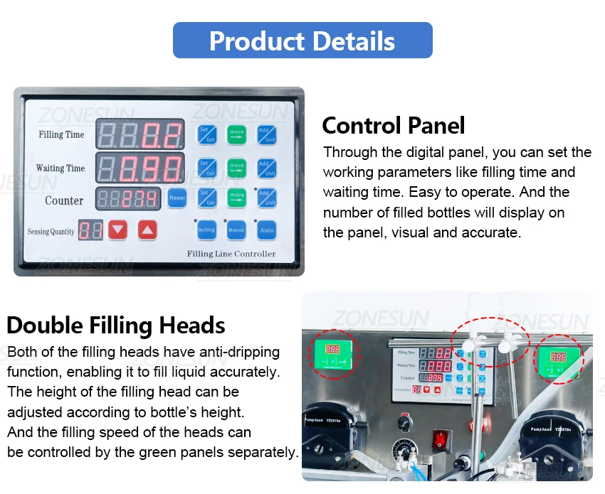ZONESUN Automatic Liquid Filling Machine 2 Heads Peristaltic Pump Bottle Filler Perfume Essential Oil Milk Beverage Packaging