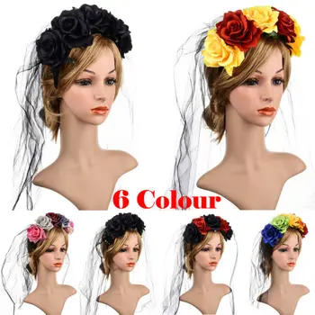 

2020 New Lady Day of the Dead Floral Flower Rose Headband Fancy Dress Halloween Festival Headwear Fashion Hair Ribbons Head Band