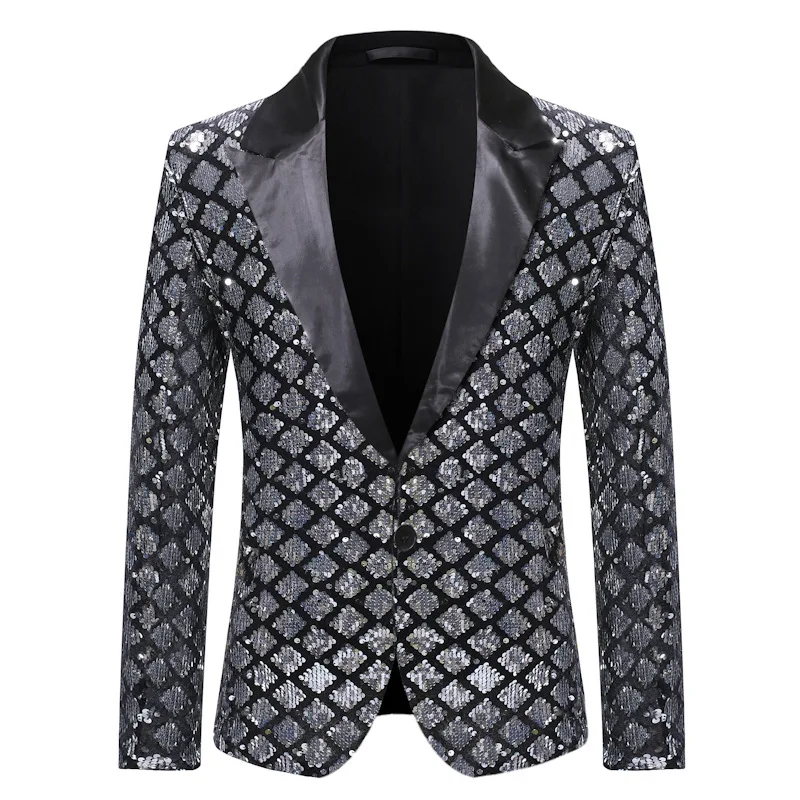 Men's Shiny Royal Blue Suit Blazer Jacket One Button Tuxedo Blazer Men Party Wedding Banquet Prom Blazers Stage Costume Homme - Цвет: sliver