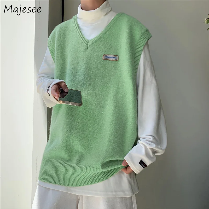 

Sweater Vests Men V-neck Students Letter Basic Couple Unisex Soft Loose Outwear Trendy Leisure Jumpers Males Daily Knitted Chic