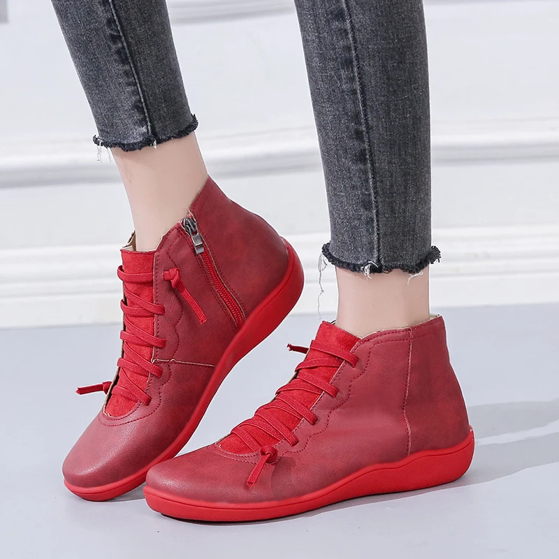 

JUNSRM Autumn Winter 2019 Woman Ankle Boots Soft Leather PU Round Toe Flat Red Brown casual booties Women Concise Vintage Shoes