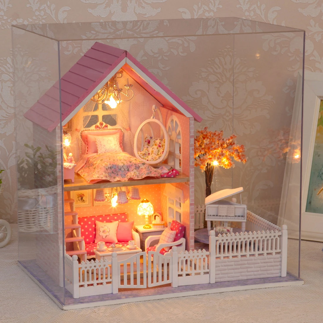 Interesting Dollhouse Pink Oriental Cherry 3D Assembly DIY Household Creative House Kit with Piano and Cover