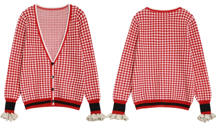 ELFSACK, красный, контрастная отделка, в полоску, с рюшами, в клетку, милый кардиган, свитер, женская одежда, осень, корейский стиль, консервативный стиль, женские свитера