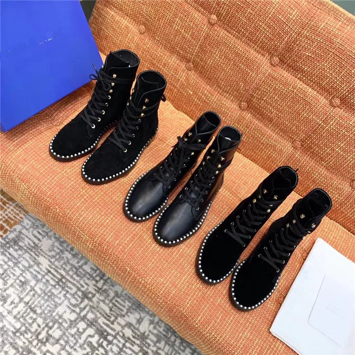 

2019 Spring and Autumn New Leather Pearl Strap Martin Boots British Fan Fan Women's Boots