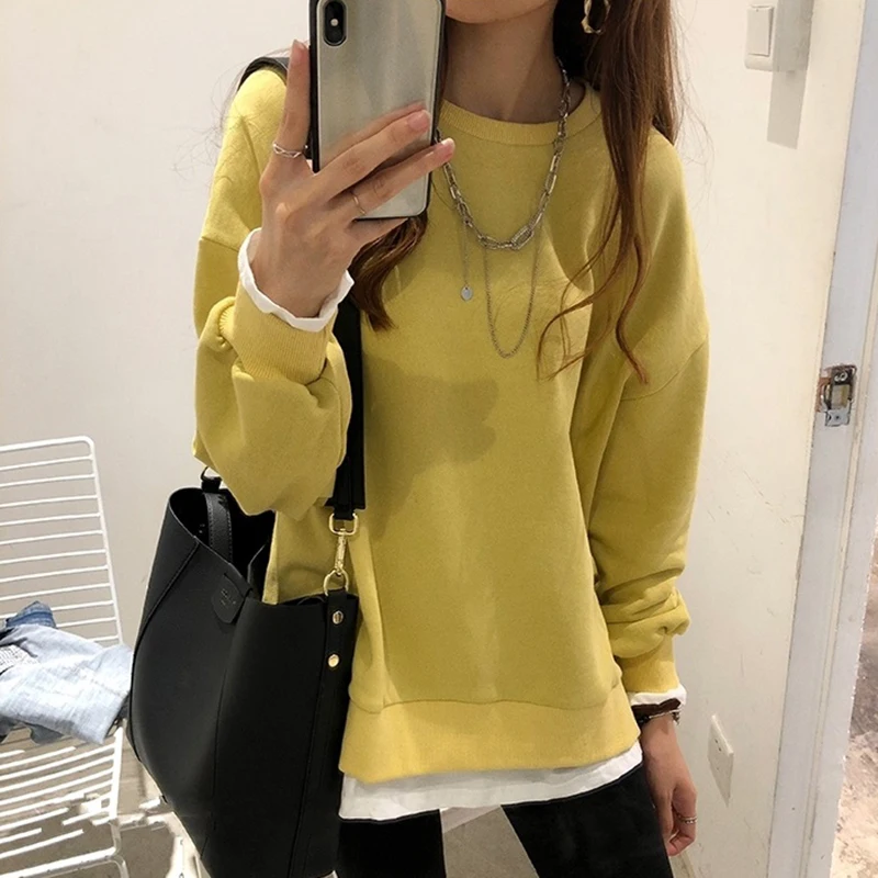 Harajuku Sudadera Mujer, осенне-зимний тонкий хлопковый свитер, свободные толстовки в стиле пэчворк, Женские однотонные спортивные костюмы из двух частей
