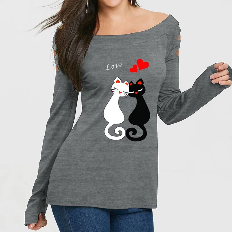 Недавно Для женщин женские; с открытыми плечами кошка любит рубашка с рисунком топы с длинными рукавами, цвета: черный, серый и красный, женские хлопковые Повседневное Футболка женская одежда