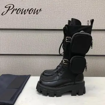 

Ollymurs High Quality Genuine Leather With Small Pocket Knee HIgh Boots Round Toe Zip Side Thick Heel Moto Boots Shoes Women