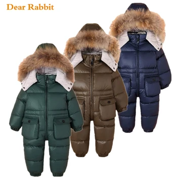 

-30 Winter Children Baby Clothes Hooded Natural Fur Thicken Warm Rompers Boy down jacket JumpsuitGirl Snowsuit snow wear 1-4 Y