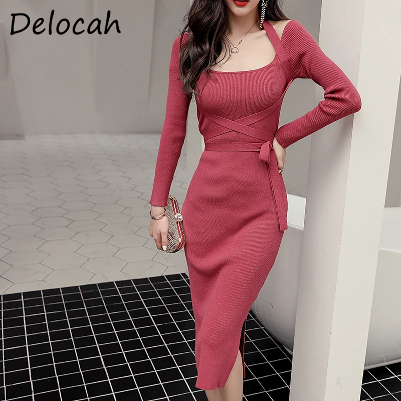 

Delocah Women Autumn Fashion DesignerÂ Pencil Dress Long Sleeve Bow Sashes Solid Print Elegant Bodycon Ladies A-Line Dresses 2020