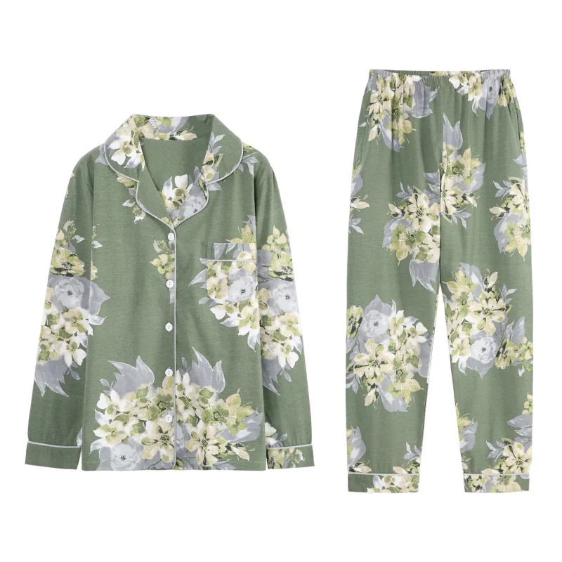 

Small Flower Printing Long Pants Pajamas Women's Autumn and Winter Cotton Long-Sleeved Thin Cardigan Loose Plus-sized Nightwear