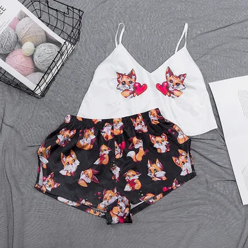 

Fox Pajamas For woman Silk Sexy sling shorts Pijamas Women Sleepwear Satin Summer Pyjama Femme V Neck Home Suit