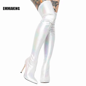 

2020 Fashion Black Leather Boots Crotch Woman Over The Knee Thin High Heels Boots Colorful Pointed Toe Shoes Party Boots Women