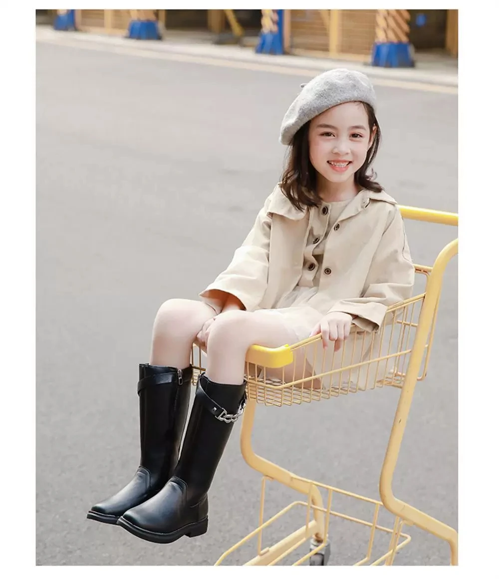 Детские высокие сапоги для девочек; обувь с высоким берцем; популярный дизайн; модная зимняя Повседневная Удобная обувь с металлической цепочкой