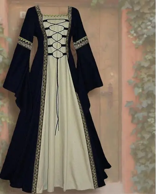 100% cotton Foreign Trade Wish European And American-Style Long-Sleeved Bell Sleeve Lace-up Lace Long Dress GOTHIQUE Retro Women