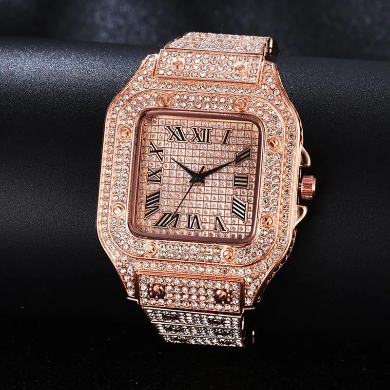 Iced Out per donna Hip Hop Miami Bling CZ cubano grande catena collana pavé strass oro orologio uomo_voghion.com