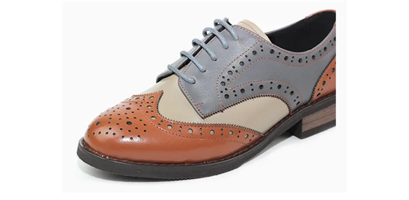 British Genuine Leather Female Oxford Shoes College Spring New Thick Heel 3cm Women Brogues Retro Carved Single Shoes Large Size (15)