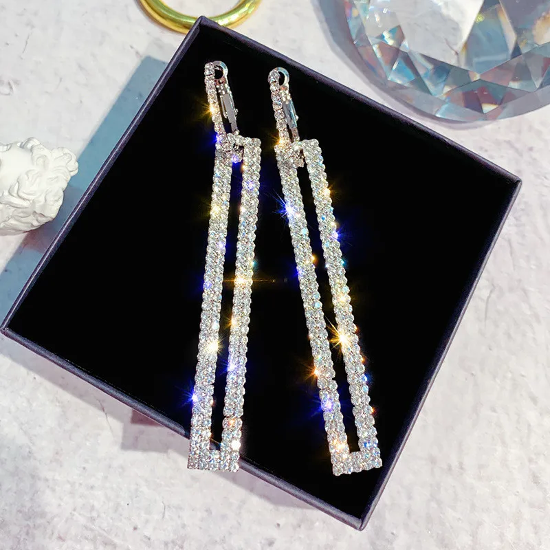 Модные серьги из серебра S925 пробы, длинные геометрические серьги, роскошные золотые, серебряные, синие прямоугольные стразы, серьги для женщин, вечерние, подарки