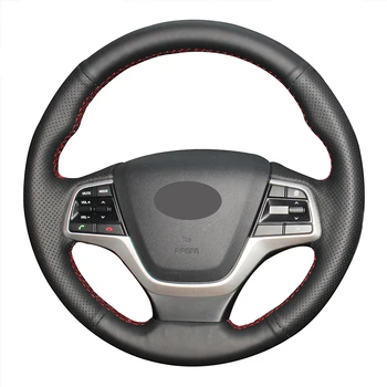 

Hand Sew Black Artificial Leather Car Steering Wheel Cover for Hyundai Elantra 4 2016-2019 Solaris 2017-2019 Accent 2018-2019