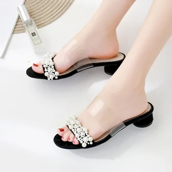 

JOUIR TALONS Dropship Fashion Pearls Chunky Heel Transparent Summer Women Sandal Slippers Shoes Woman