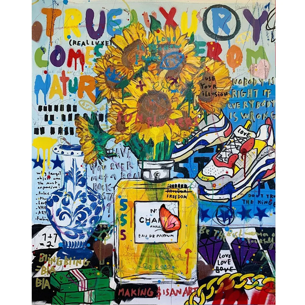 Canvas Painting Perfume Bottle And Sunflower Street Graffiti Art Poster Print Wall Picture For Living Room Home Decor Canvas Painting Perfume Bottle And Sunflower Street Graffiti Art Poster Print Wall Picture For Living Room Home Decor