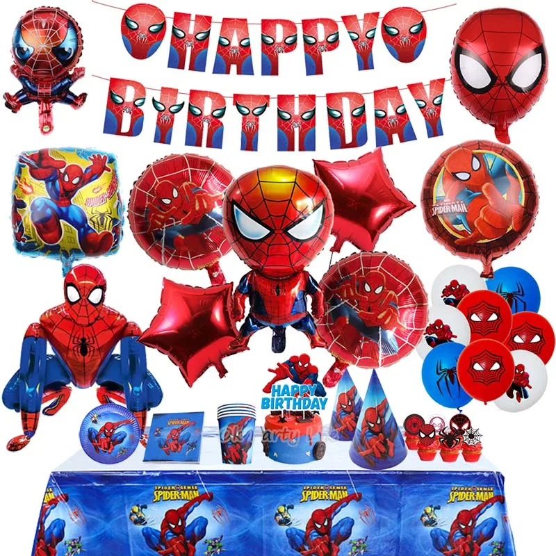 Party Decorations Spiderman Birthday Party Decorations Balloons Disposable Tableware 3D Great Spider Foil Balloon Party Supplies Plate Napkins