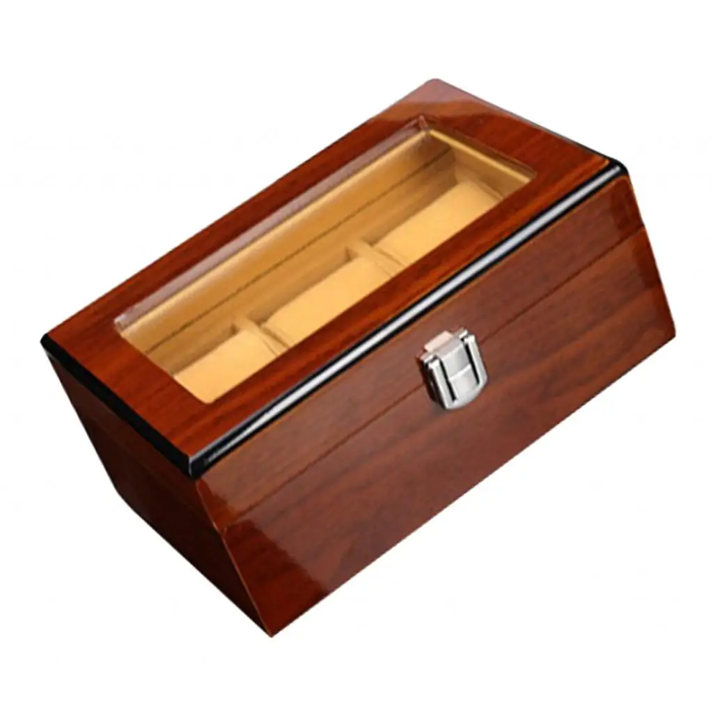 

Solid Wooden Watch Box Display 3 Slots Jewelry Organizer Storage Case with Clear Glass Top, 19.3 x 12 x 8.5cm