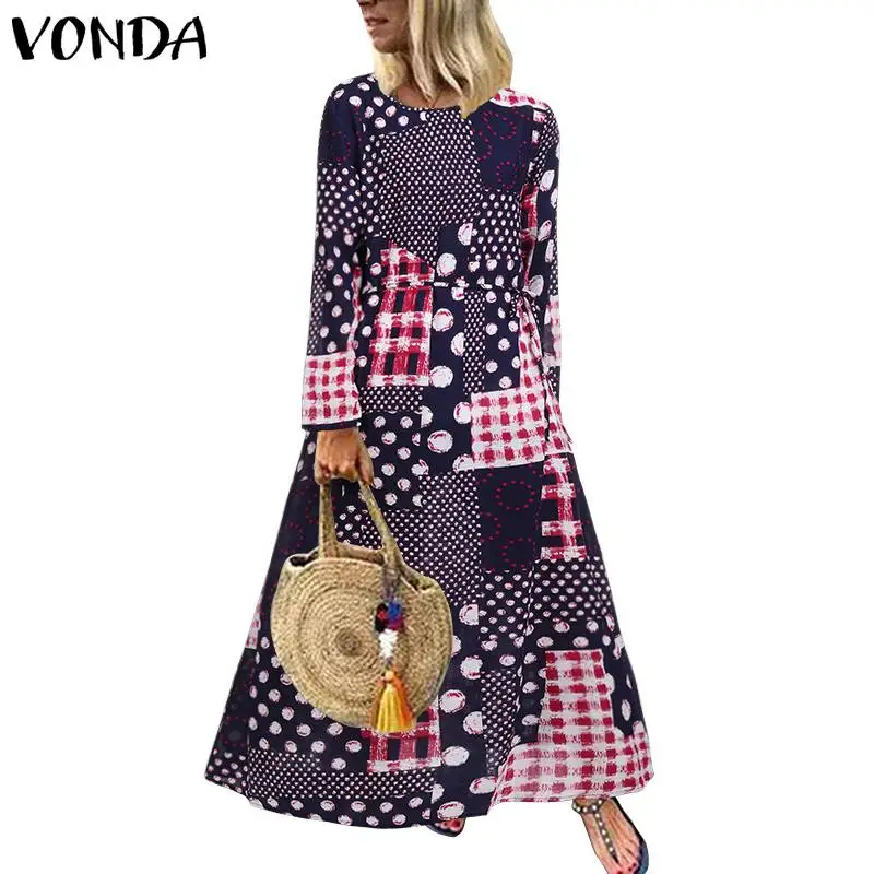 VONDA, женское платье с длинным рукавом, винтажное, с принтом, длинное, в богемном стиле, из кусков, платья для беременных, вечерние, Vestidos, сарафан для беременных, 5XL