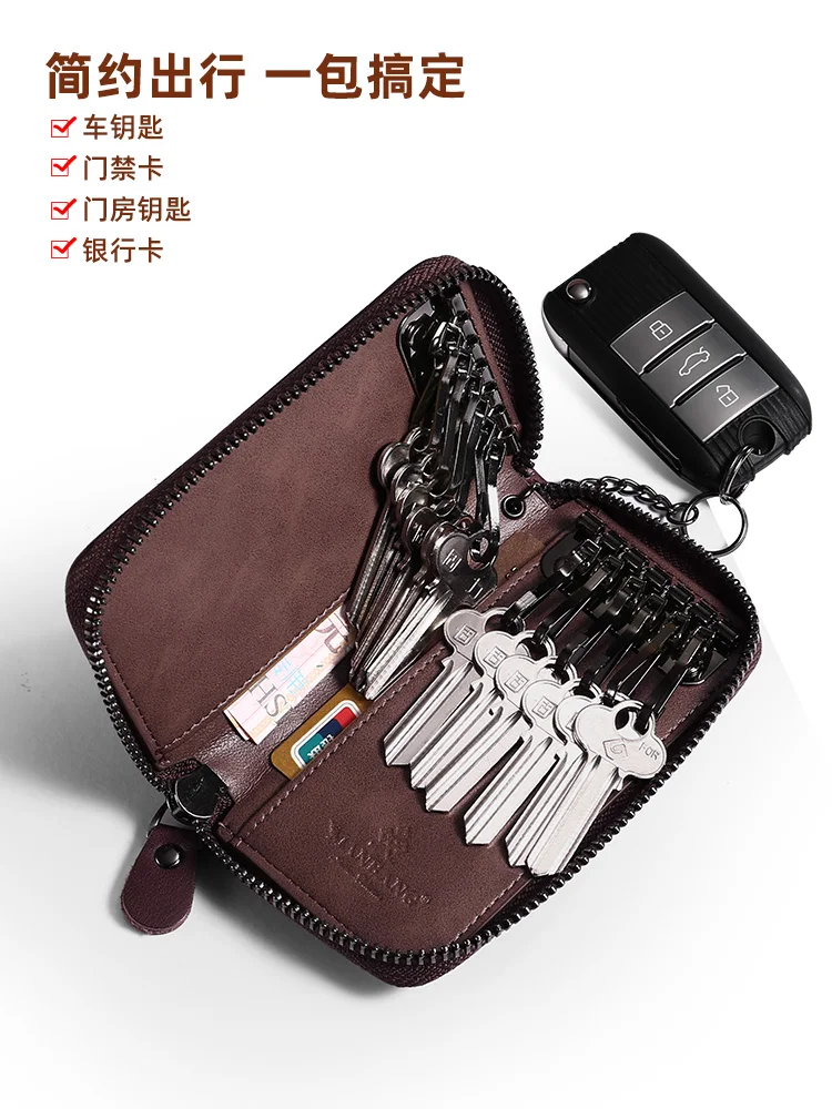ManBang Vintage Genuine Leather Key Wallet Women Keychain Covers Zipper Key Case Bag Men Holder Housekeeper Keys Organizer Key Case Key Holder Key Organizer Key Purse