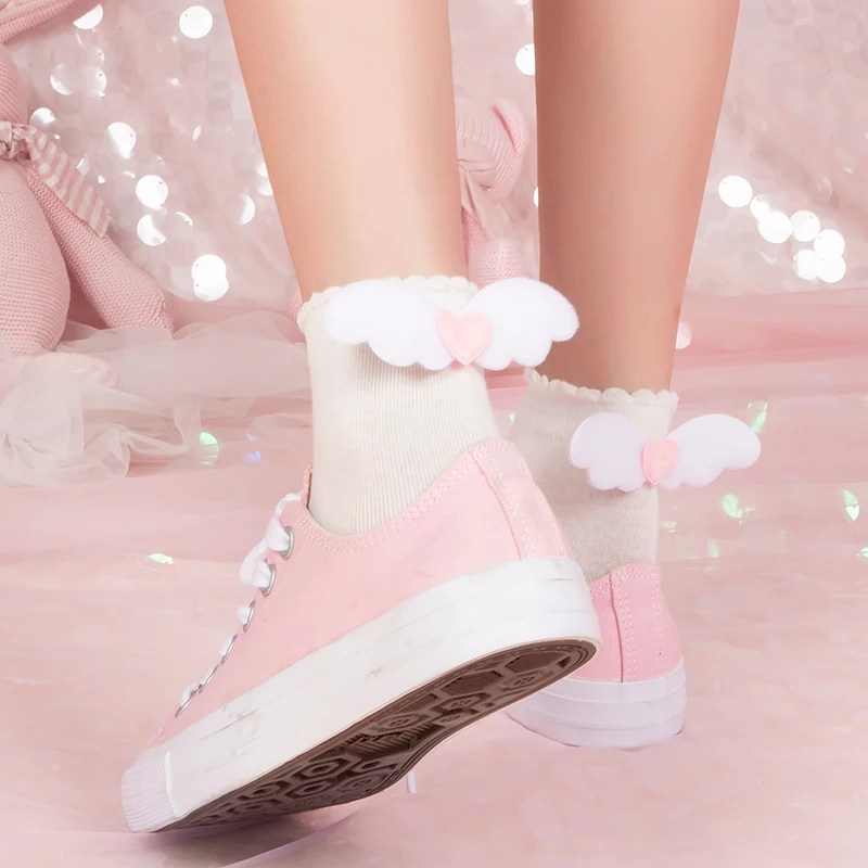 Harajuku/корейские мягкие милые носки в стиле Лолиты с крыльями ангела, милые женские носки с принтом в форме сердца, милые носки принцессы