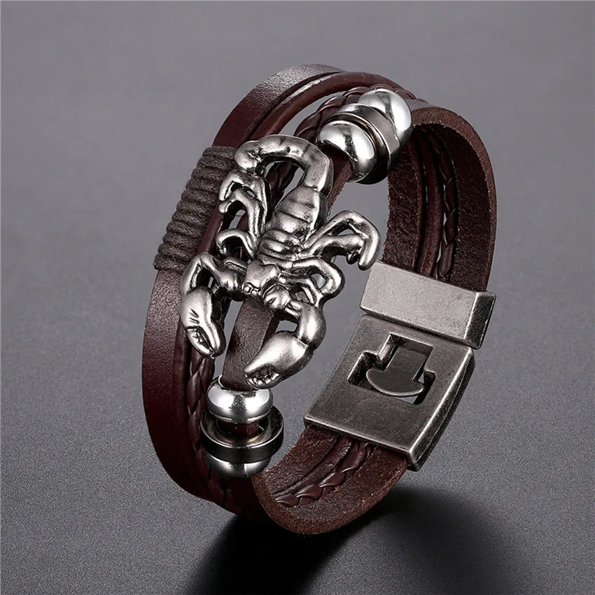 2020 New Handmade Retro Woven Charm Leather Bracelet Men Vintage Multilayer Bangles Scorpion Men Jewelry Pulseira Feminina TZ611