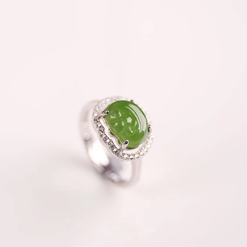 Natural jade and Tianyu women's ring 925 silver encrusted jade spinach