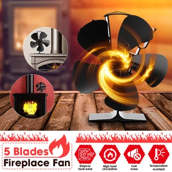 

5 Blade 7inch Black Fireplace Magnet Heat Powered Stove Fan Log Wood Burner Eco Friendly Quiet Home Efficient Heat Distribution