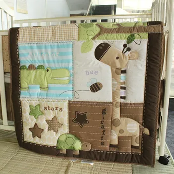 

New Baby bed set Embroidery Crib Bumper set giraffe imaget 6Pcs 100%Cotton Cot bedding set Baby quilt Bed around Mattress Cover