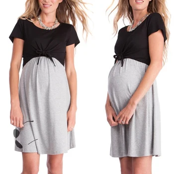 

Pregnant Women Short Sleeve Maternity Dress Summer Casual Stitching A-line Dress Patchwork Breastfeeding Dress D30