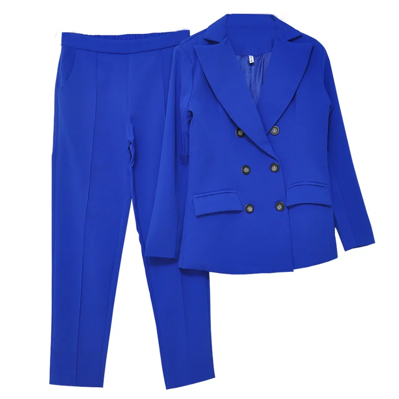 Женский брючный костюм TAOVK, блейзер на пуговицах с отложным воротником и брюки со стрелками, жакет и штаны, комплект для офисной леди - Цвет: Blue
