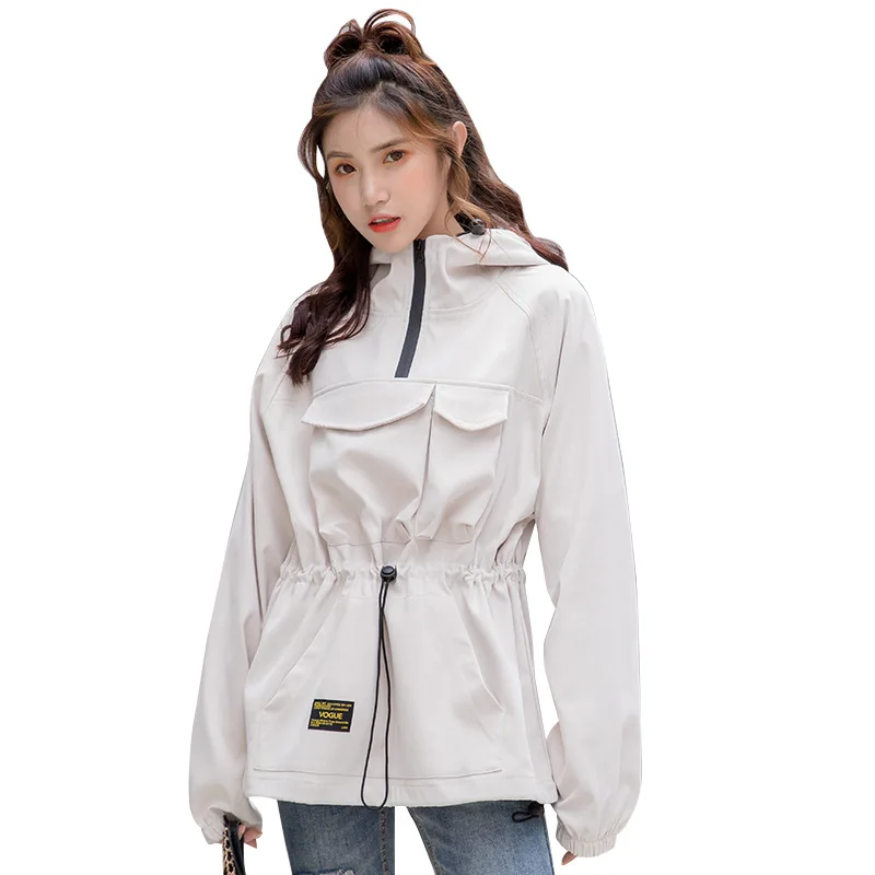 

Cargo Jacket Drawstring Waist Loose Outwear Oversize Solid Fashion Spring Autumn Coat Korean Windbreaker Women Tops L0039