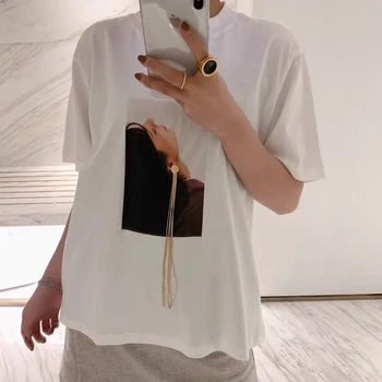 

White cotton short-sleeved T-shirt character print pattern earrings decoration female T-shirt wild