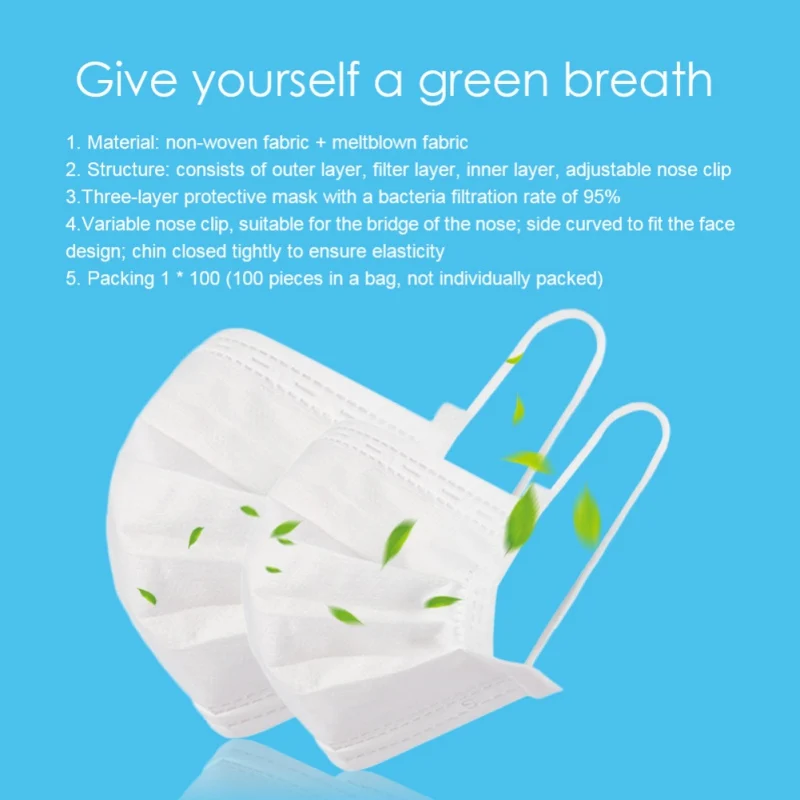 

Three Layers Of Non-woven Fabrics Dustproof And Breathable Disposable Epidemic Masks Bacteria Filtration Rate of 95% 100pcs
