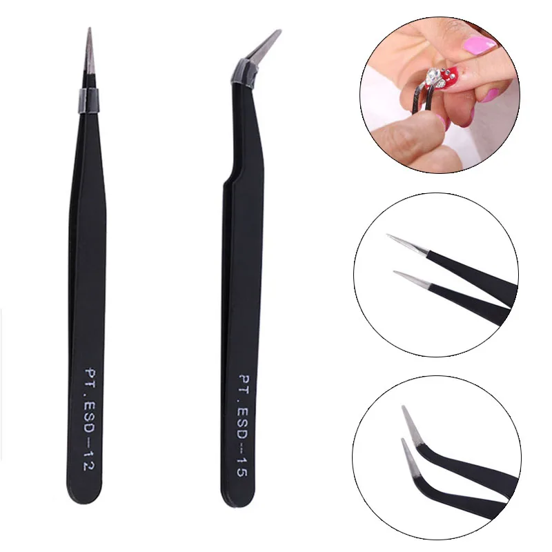

1/2pcs Black Tweezer Stainless Steel Rhinestones Nipper Curved Straight Tweezers Nail Art Tools Picking Sequins Bead Anti-static