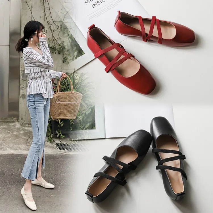 

[Handmade WOMEN'S Shoes] Pqs29-10 inside Full Leather Square Head Soft Grandma Shoes Soft Flat Dance Shoes for Women