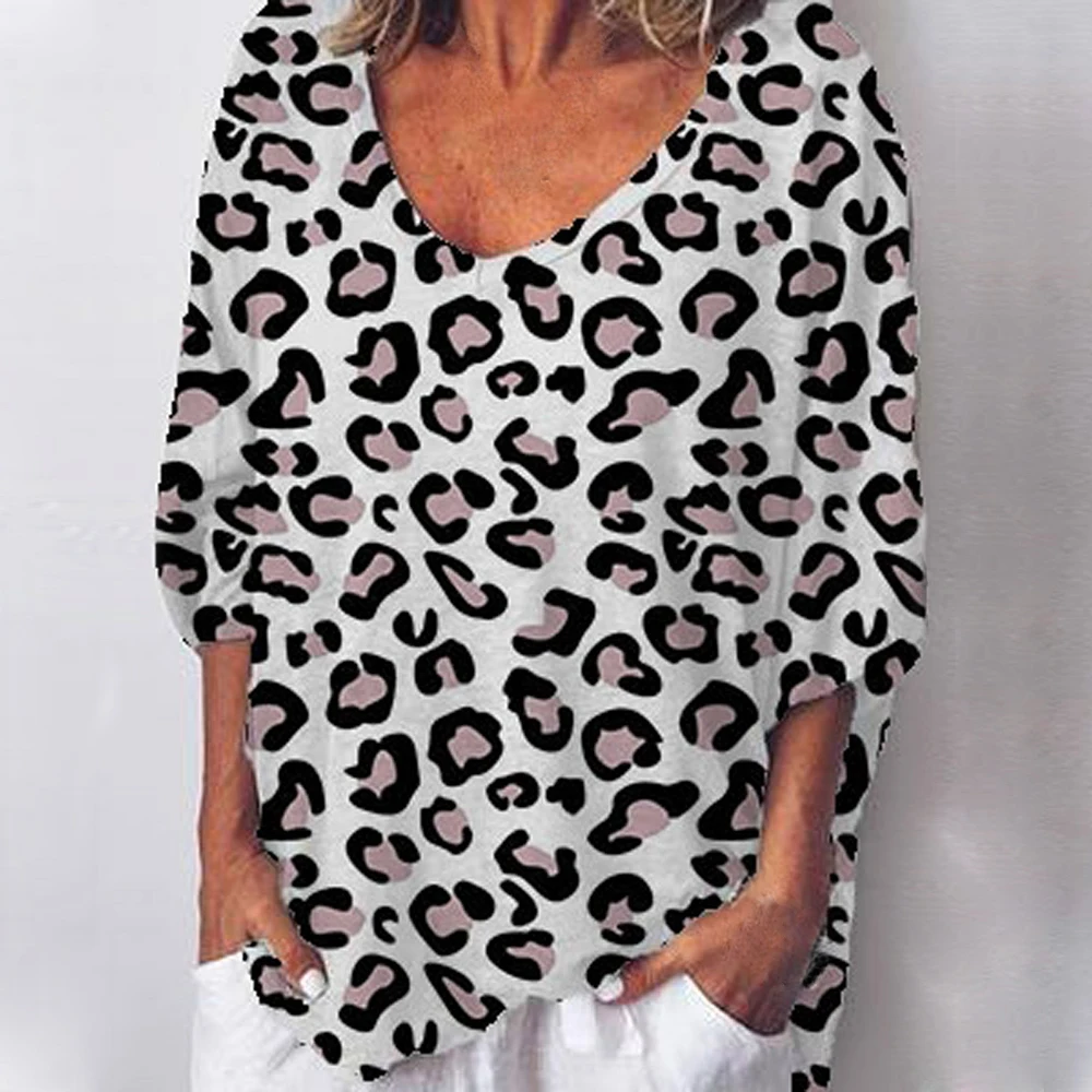LASPERAL, модная женская свободная туника с леопардовым принтом и коротким рукавом, удобная футболка, осенняя Новая повседневная Женская Топ с v-образным вырезом